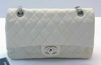 Chanel Classic Flap Calfskin Chain Shoulder Bag White Silver Women Designer - Image 1 of 4