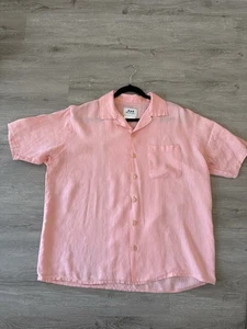 FLAX by Jeanne Engelhart 100% Men’s Linen Top S Coral Short Sleeve Boxy Blouse - Picture 1 of 3