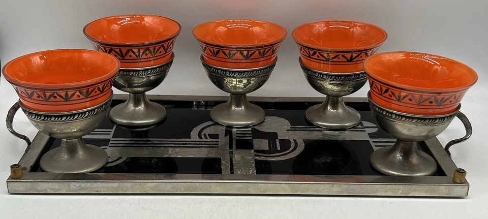 Art Deco Bauhaus Serving Tray with Orange Sherbert Cups, Glass and Silver Plated - Image 1 of 4
