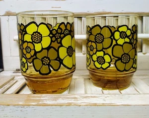 Vintage 60's Libby Yellow Amber Daisy Drinking Glasses 4 - Picture 1 of 16