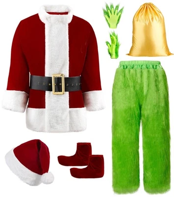 Fantasia masculina Natal verde Papai Noel 8 peças luxo terno adulto peludo, engraçado Xma... - Imagem 1 de 4