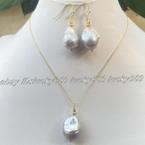 Natürliche 15x20mm Grau Keshi Barock Perle Gold Haken Ohrringe Anhänger Halskette Set - Bild 1 von 18