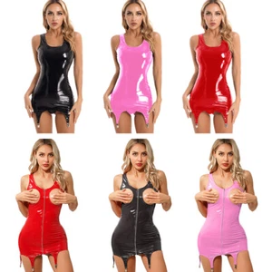FEESHOW Women Dress Patent Leather Sleeveless Body con Garters Belts AU - Picture 1 of 70