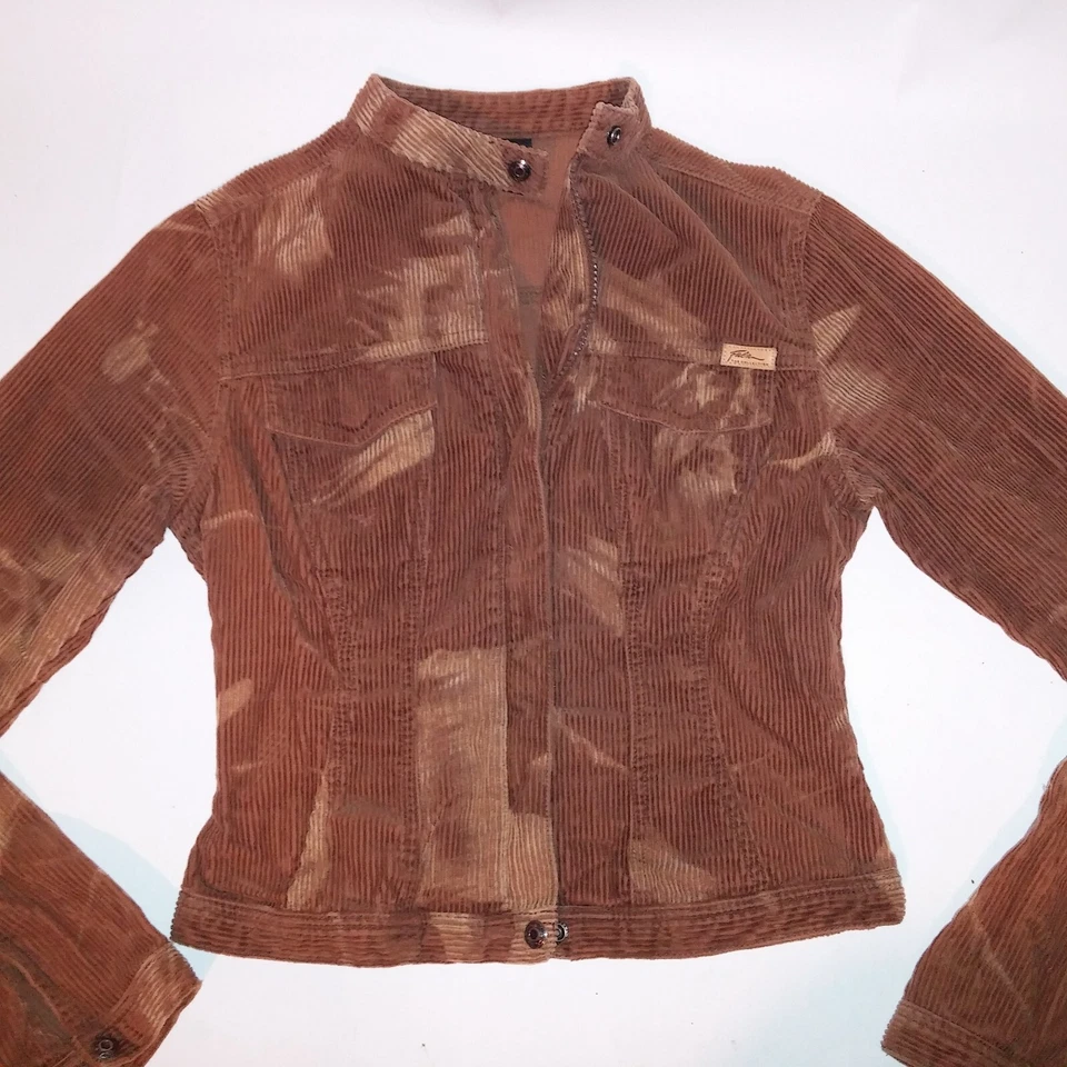 Fubu Jacket Women Small Corduroy Y2K Brown Tan Zip Up Pit to Pit 17" Length 18" - Image 1 of 4