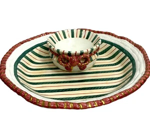 Vtg Lotus Chip & Dip Serving Set Christmas Ceramic 1996 Holiday Handpainted READ - Picture 1 of 11