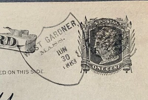SHIELD FANCY CANCEL West Gardner MASSACHUSETTS 1883 MA FURNITURE CHAIRS AD PC !! - Picture 1 of 3