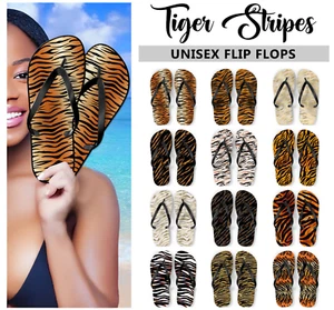 Tiger Stripes Unisex Flip Flops #1 Animal Print Cat Lover Sandals Footwear Gift - Picture 1 of 16