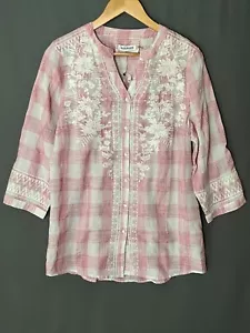Paparazzi L Pink Plaid Embroidered Opalescent Button Blouse - Picture 1 of 6