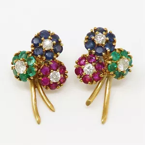 NYJEWEL 18k Gold 2.8ctw Natural Sapphire Ruby Emerald Diamond Floral Earrings - Picture 1 of 3