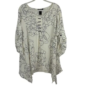 ALI MILES Tunic Top 2X Floral 3/4 Sleeve Crinkle Artsy Asymmetrical Ivory Black - Picture 1 of 9