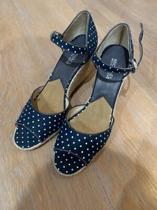 Michael Kors Navy Blue White Polka Dot Canvas Peeptoe Jute Wedges 9 Ankle Strap - Picture 1 of 7
