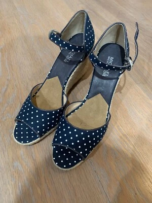 Michael Kors Navy Blue White Polka Dot Canvas Peeptoe Jute Wedges 9 Ankle Strap - Image 1 of 4