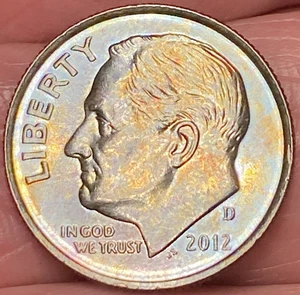 2012-D Roosevelt Dime Beautiful Brilliant Blue/Gold Toned Coin #7 - Picture 1 of 12