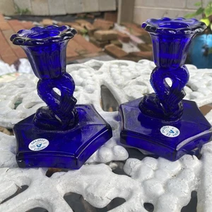 2 Vintage Cobalt Blue Dalzell Viking Glass Koi Fish 4" Candlestick Holders - Picture 1 of 14