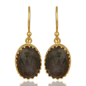 Natural Labradorite 18K Gold Plated 925 Sterling Silver Dangle Earrings Jewelry - Picture 1 of 2