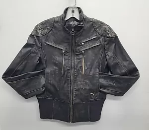 Vintage Distressed POOMA Black Leather 500cc Motorcycle Bomber Jacket Size Small - Picture 1 of 15