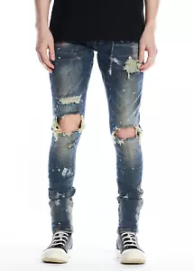 Pantalones de mezclilla ajustados desgastados para hombre En Noir salpicaduras de pintura rasgado y reparación - Imagen 1 de 5