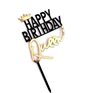 Acrylic Cake Topper Happy Birthday Queen Black Gold Crown Party Decoration Idea - Picture 1 of 1