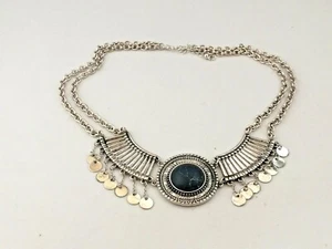 NK6655 DESIGNER INSPIRED SILVER TONE BLACK ROUND GEMSTONE METAL CHAIN NECKLACE - Picture 1 of 1