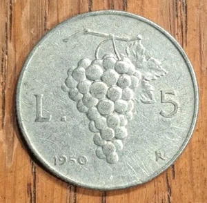 1950 Italy 5 Lire Female Head, Grapes On Vine 2.5g 26.7mm Aluminum Coin - Picture 1 of 11