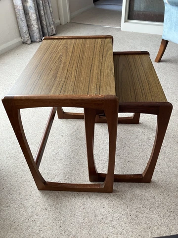 Mid Century Modern Teak Frame Stack Tables (2) with Woodgrain Plastic Tops Cover