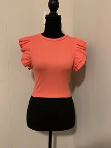Top donna Zara arancione a costine con volant e maniche cropped taglia S nuovo con etichetta - Foto 1 di 4