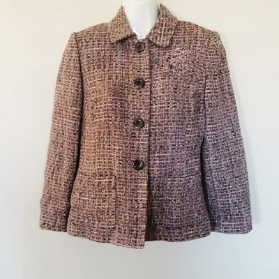 Blazer para mujer Tahari ASL talla 6P mezcla de lana rosa gris tweed flor prendedor chaqueta  Foto 1 de 4