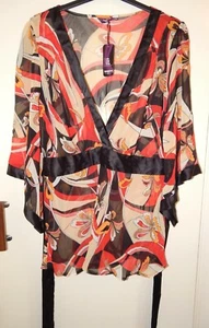 New Look Inspire Red Black & Beige Sheer Kimono Top Size 26 Statement Sleeves - Picture 1 of 6
