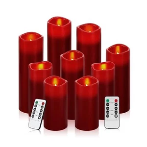 9 Pack Burgundy Flameless LED Candles Real Wax Remote Timer Battery Operated - Picture 1 of 7