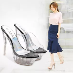Crystal Sandals Slippers Mules High Heels Platform Clear Jelly Big Women Shoes - Picture 1 of 26