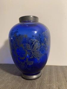 Cobalt Blue Glass Vase with Silver Floral Overlay - Picture 1 of 3
