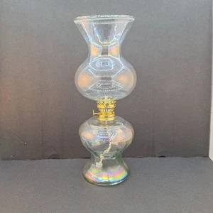 Vintage Iridescent Glass Oil Lamp, 11", Nice Rainbow Of Colors, - Picture 1 of 11