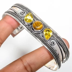 Gift For Her 925 Sterling Silver Sage Tigers Eye Gemstone Vitange Adjustable Cuf - Picture 1 of 4