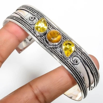 Gift For Her 925 Sterling Silver Sage Tigers Eye Gemstone Vitange Adjustable Cuf - Image 1 of 4