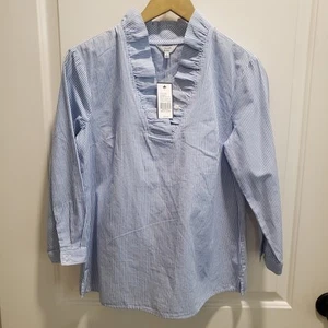 NWT Crown & Ivy Women S Blouse Small Blue White Stripe Top Pullover Ruffle Neck - Picture 1 of 7