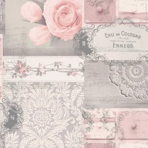 Decoupage Floral Wallpaper Flowers Blush Pink Grey Silver Metallic Patchwork - Picture 1 of 8