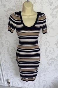 SIZE SMALL Miss Selfridge Multicoloured Neutrals Striped Midi Bodycon Dress - Picture 1 of 4