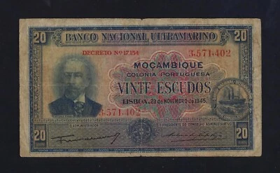 PORTUGAL  MOZAMBIQUE 20 Escudos 1945 P-96 RARE FINE - Image 1 of 2