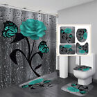 Red Rose Bathroom Rug Shower Curtain Thick Non Slip Toilet Lid Cover Bath Mat