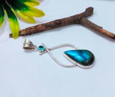 Pendente Fatti A Mano In Argento Sterling 925 Con Labradorite E Topazio Blu S-43 - Immagine 1 di 4