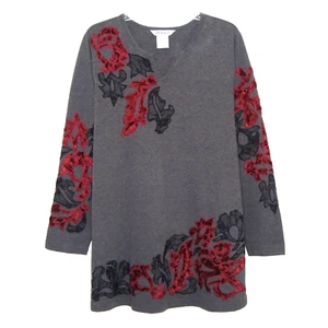 Ulla Popken grau locker sitzende Tunika Blumen bestickt Langarm Gr. 12/14 - Bild 1 von 10