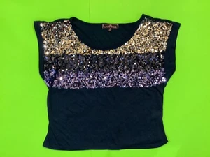 ALMOST FAMOUS Women’s Sparkly Blouse Size Medium Dark Blue w/Blue, Silver - Picture 1 of 12