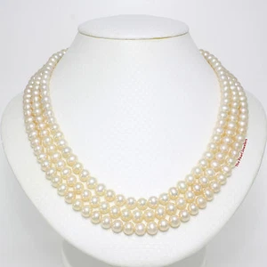 Triple Line Natural Peach Cultured Pearl Necklace with 14K Yellow Gold Clasp - Picture 1 of 3