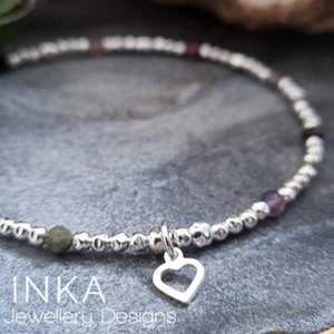 Inka 925 Sterling Silver handmade beaded Anklet with Tourmaline and Heart charm - Picture 1 of 4