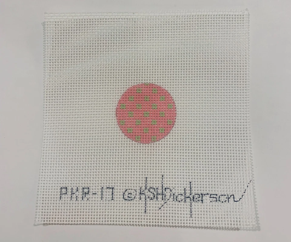 needlepoint canvas, Kate Dickerson, Key fob insert,Round, Pink&Green 1.25x1.25" - Image 1 of 1