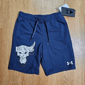 Under Armour Project Rock Shorts French Terry Fleece Navy Blue White Boys M 8-10 - Picture 1 of 6