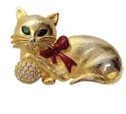 Napier Gold-Tone Green Eye With Rhinestone Ball Cat Brooch, Signed