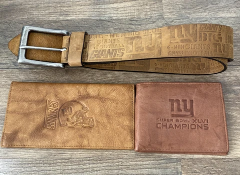 3 NFL NEW YORK GIANTS GENUINE LEATHER CHECKBOOK COVER + WALLET & BELT LOT Cover