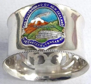 Vintage Silver + Cloisonne Napkin Ring CHATEAU TONGARIRO Playground New Zealand - Picture 1 of 8
