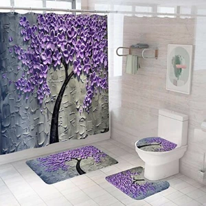 3D Floral Bathroom Rug Set Curtain Bath Mat Non-Slip Shower Toilet Lid Cover - Picture 1 of 10